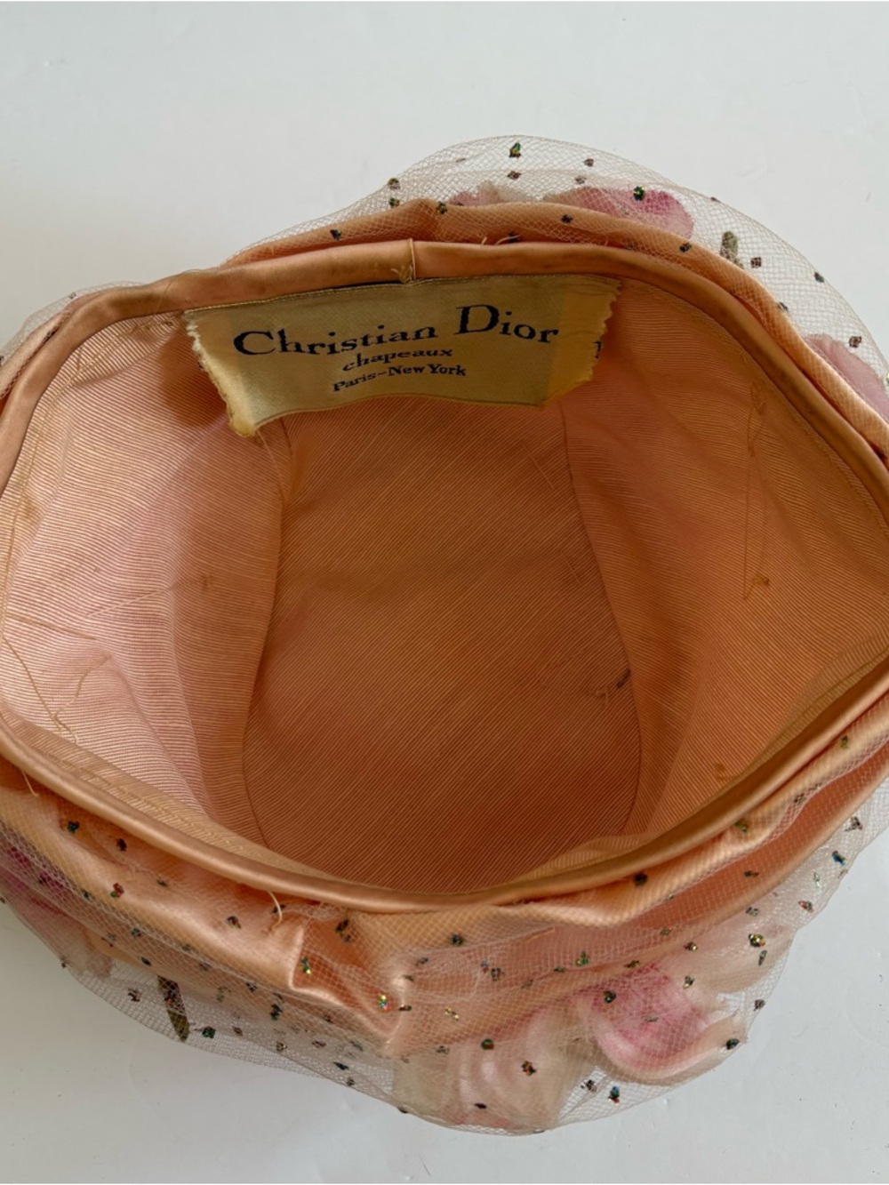 Vintage Christian Dior Chapeaux Floral Union Made Peach Pink Hat Satin Net - Picture 7 of 8